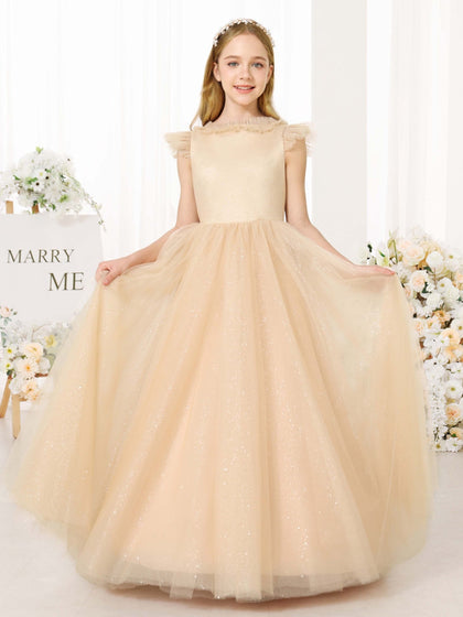 Robe Princesse en Tulle sans Manches Col Rond Longueur Au Sol pour Petite Fille d'Honneur