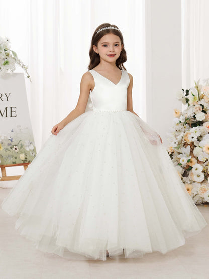 Robe Princesse en Tulle Satinée sans Manches Col en V Longueur Au Sol pour Petite Fille d'Honneur