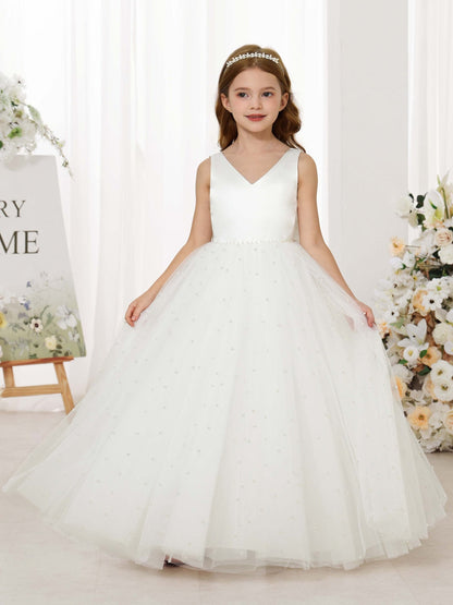 Robe Princesse en Tulle Satinée sans Manches Col en V Longueur Au Sol pour Petite Fille d'Honneur