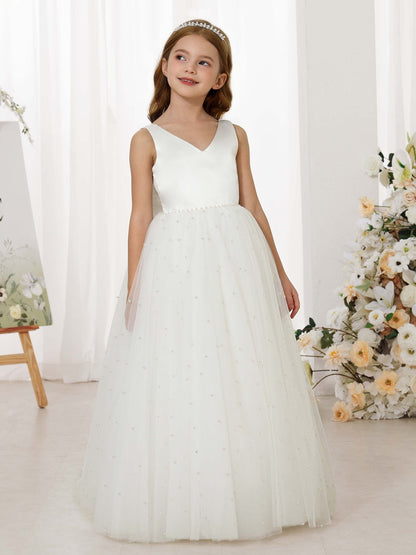 Robe Princesse en Tulle Satinée sans Manches Col en V Longueur Au Sol pour Petite Fille d'Honneur