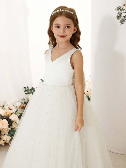 Robe Princesse en Tulle Satinée sans Manches Col en V Longueur Au Sol pour Petite Fille d'Honneur