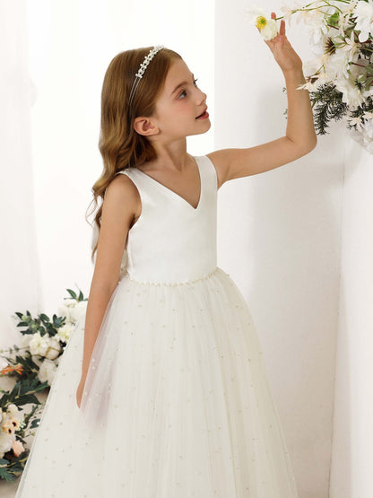 Robe Princesse en Tulle Satinée sans Manches Col en V Longueur Au Sol pour Petite Fille d'Honneur