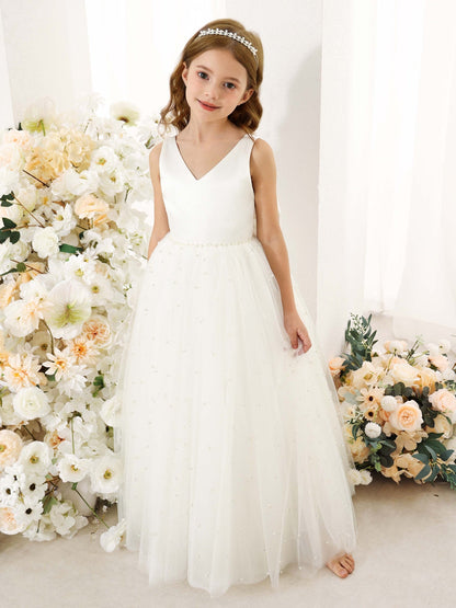 Robe Princesse en Tulle Satinée sans Manches Col en V Longueur Au Sol pour Petite Fille d'Honneur