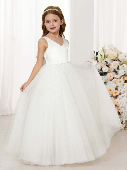 Robe Princesse en Tulle Satinée sans Manches Col en V Longueur Au Sol pour Petite Fille d'Honneur