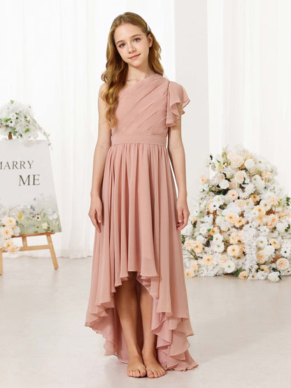 Robe Princesse en Chiffon Manches Courtes Une Épaule Asymétrique pour Petite Fille d'Honneur