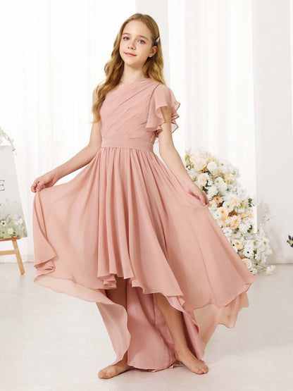 Robe Princesse en Chiffon Manches Courtes Une Épaule Asymétrique pour Petite Fille d'Honneur