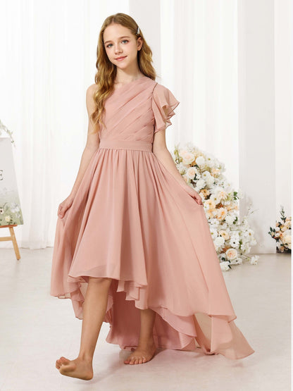 Robe Princesse en Chiffon Manches Courtes Une Épaule Asymétrique pour Petite Fille d'Honneur