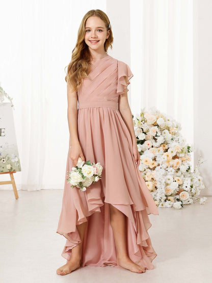 Robe Princesse en Chiffon Manches Courtes Une Épaule Asymétrique pour Petite Fille d'Honneur