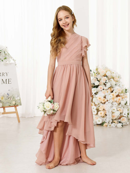 Robe Princesse en Chiffon Manches Courtes Une Épaule Asymétrique pour Petite Fille d'Honneur