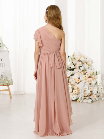 Robe Princesse en Chiffon Manches Courtes Une Épaule Asymétrique pour Petite Fille d'Honneur