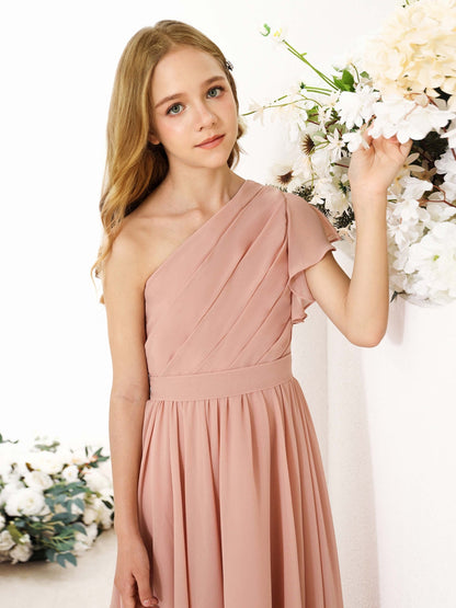 Robe Princesse en Chiffon Manches Courtes Une Épaule Asymétrique pour Petite Fille d'Honneur