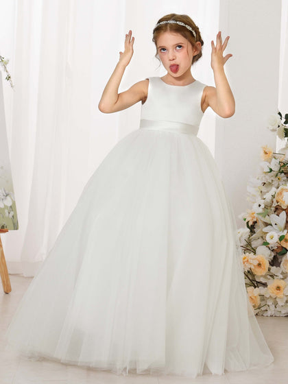 Robe Princesse en Tulle Satinée sans Manches Col Rond Longueur Au Sol pour Petite Fille d'Honneur