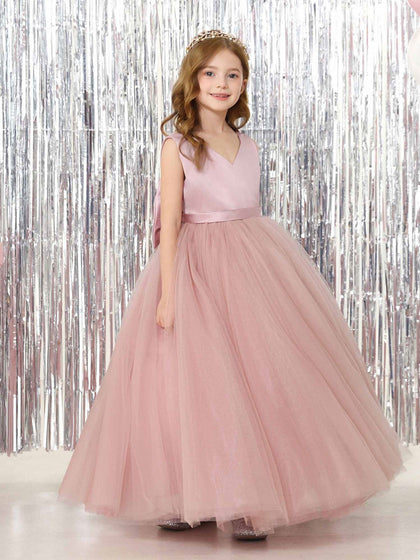 Robe Princesse en Satin sans Manches Col en V Longueur Au Sol pour Petite Fille d'Honneur