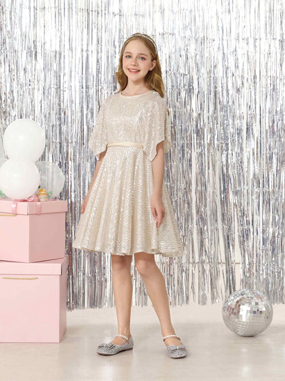 Robe Princesse en Satin Col Rond Manches Courtes Mini Robe pour Petite Fille d'Honneur avec Sequins