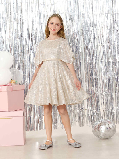 Robe Princesse en Satin Col Rond Manches Courtes Mini Robe pour Petite Fille d'Honneur avec Sequins