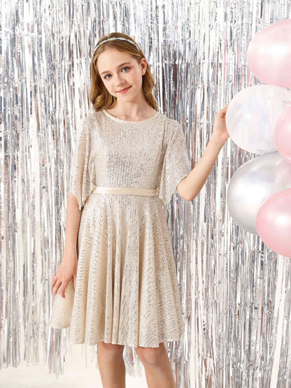 Robe Princesse en Satin Col Rond Manches Courtes Mini Robe pour Petite Fille d'Honneur avec Sequins