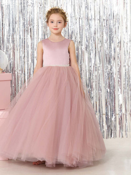 Robe Princesse en Tulle Satinée sans Manches Col Rond Longueur Au Sol pour Petite Fille d'Honneur