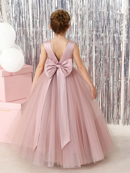 Robe Princesse en Tulle Satinée sans Manches Col Rond Longueur Au Sol pour Petite Fille d'Honneur