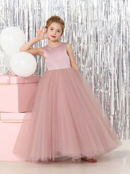 Robe Princesse en Tulle Satinée sans Manches Col Rond Longueur Au Sol pour Petite Fille d'Honneur