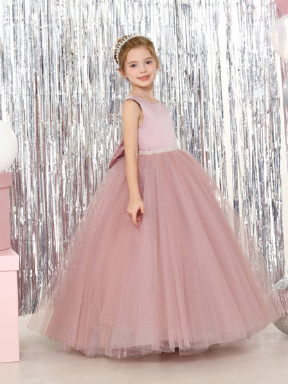 Robe Princesse en Tulle Satinée sans Manches Col Rond Longueur Au Sol pour Petite Fille d'Honneur