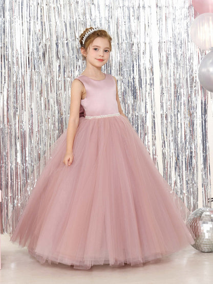 Robe Princesse en Tulle Satinée sans Manches Col Rond Longueur Au Sol pour Petite Fille d'Honneur