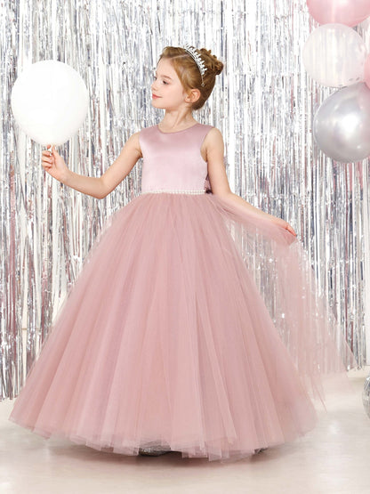 Robe Princesse en Tulle Satinée sans Manches Col Rond Longueur Au Sol pour Petite Fille d'Honneur