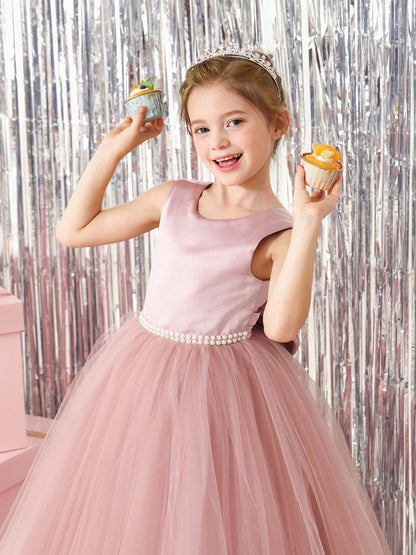 Robe Princesse en Tulle Satinée sans Manches Col Rond Longueur Au Sol pour Petite Fille d'Honneur