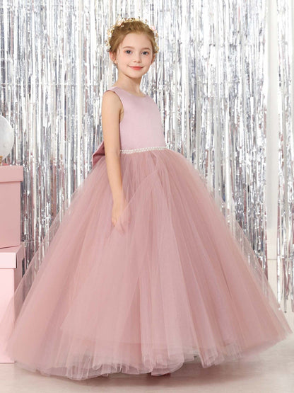 Robe Princesse en Tulle Satinée sans Manches Col Rond Longueur Au Sol pour Petite Fille d'Honneur