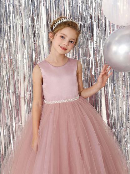 Robe Princesse en Tulle Satinée sans Manches Col Rond Longueur Au Sol pour Petite Fille d'Honneur