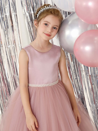 Robe Princesse en Tulle Satinée sans Manches Col Rond Longueur Au Sol pour Petite Fille d'Honneur