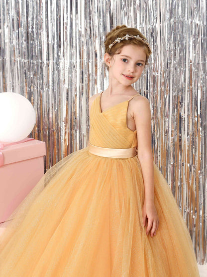 Robe Princesse en Tulle sans Manches Col en V Longueur Au Sol pour Petite Fille d'Honneur