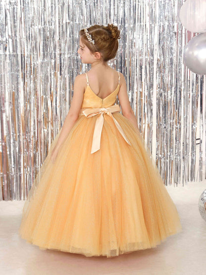 Robe Princesse en Tulle sans Manches Col en V Longueur Au Sol pour Petite Fille d'Honneur