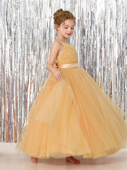 Robe Princesse en Tulle sans Manches Col en V Longueur Au Sol pour Petite Fille d'Honneur