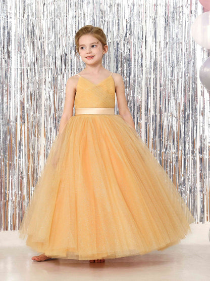 Robe Princesse en Tulle sans Manches Col en V Longueur Au Sol pour Petite Fille d'Honneur