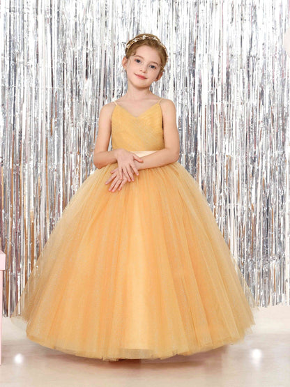 Robe Princesse en Tulle sans Manches Col en V Longueur Au Sol pour Petite Fille d'Honneur