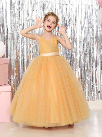 Robe Princesse en Tulle sans Manches Col en V Longueur Au Sol pour Petite Fille d'Honneur