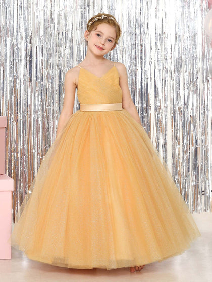 Robe Princesse en Tulle sans Manches Col en V Longueur Au Sol pour Petite Fille d'Honneur