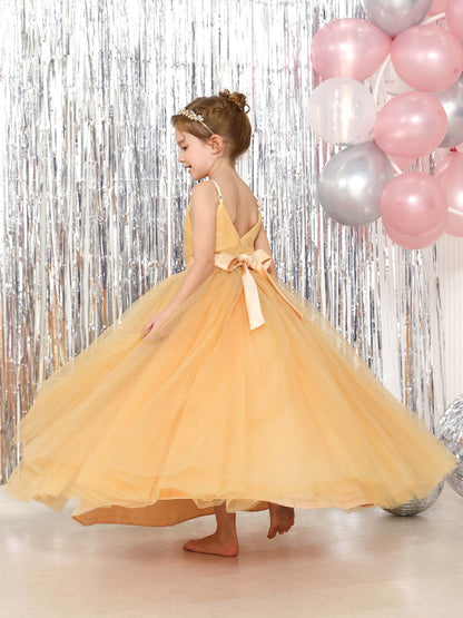 Robe Princesse en Tulle sans Manches Col en V Longueur Au Sol pour Petite Fille d'Honneur