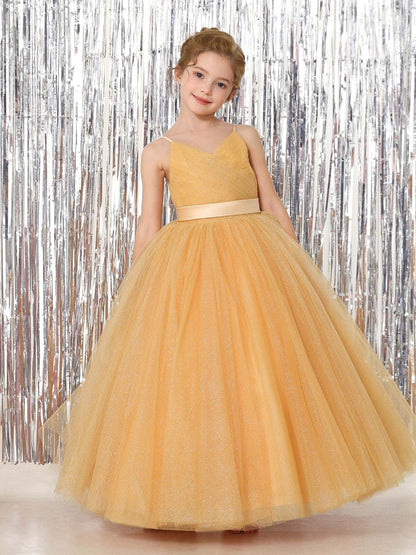 Robe Princesse en Tulle sans Manches Col en V Longueur Au Sol pour Petite Fille d'Honneur