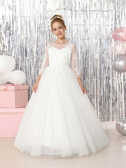 Robe Princesse en Tulle Manches 3/4 Col Rond Longueur Au Sol pour Petite Fille d'Honneur