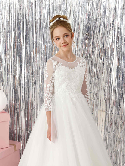 Robe Princesse en Tulle Manches 3/4 Col Rond Longueur Au Sol pour Petite Fille d'Honneur