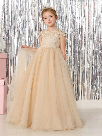 Robe Princesse en Tulle Manches Courtes Col Rond Longueur Au Sol pour Petite Fille d'Honneur