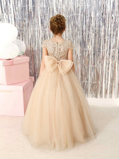 Robe Princesse en Tulle Manches Courtes Col Rond Longueur Au Sol pour Petite Fille d'Honneur