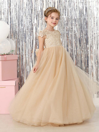 Robe Princesse en Tulle Manches Courtes Col Rond Longueur Au Sol pour Petite Fille d'Honneur