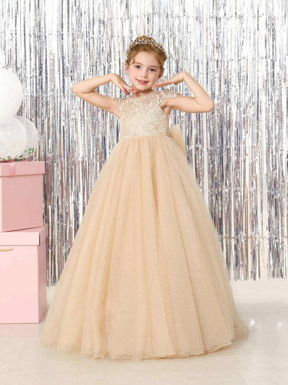 Robe Princesse en Tulle Manches Courtes Col Rond Longueur Au Sol pour Petite Fille d'Honneur