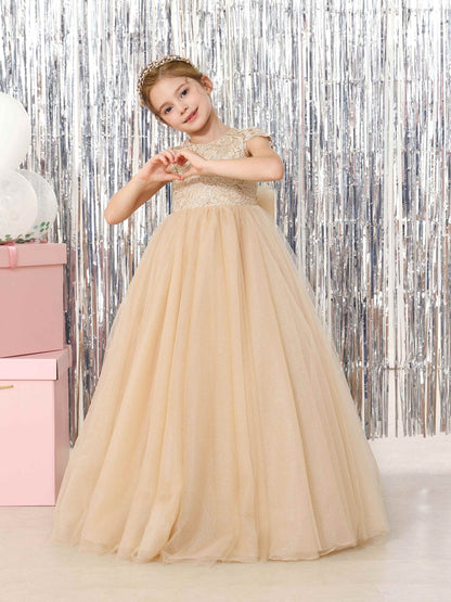 Robe Princesse en Tulle Manches Courtes Col Rond Longueur Au Sol pour Petite Fille d'Honneur