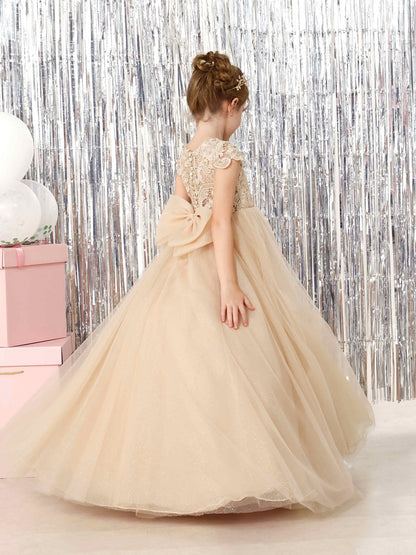 Robe Princesse en Tulle Manches Courtes Col Rond Longueur Au Sol pour Petite Fille d'Honneur