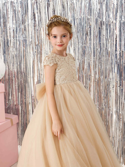 Robe Princesse en Tulle Manches Courtes Col Rond Longueur Au Sol pour Petite Fille d'Honneur