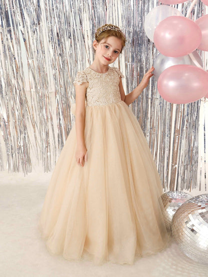 Robe Princesse en Tulle Manches Courtes Col Rond Longueur Au Sol pour Petite Fille d'Honneur