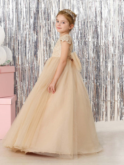 Robe Princesse en Tulle Manches Courtes Col Rond Longueur Au Sol pour Petite Fille d'Honneur